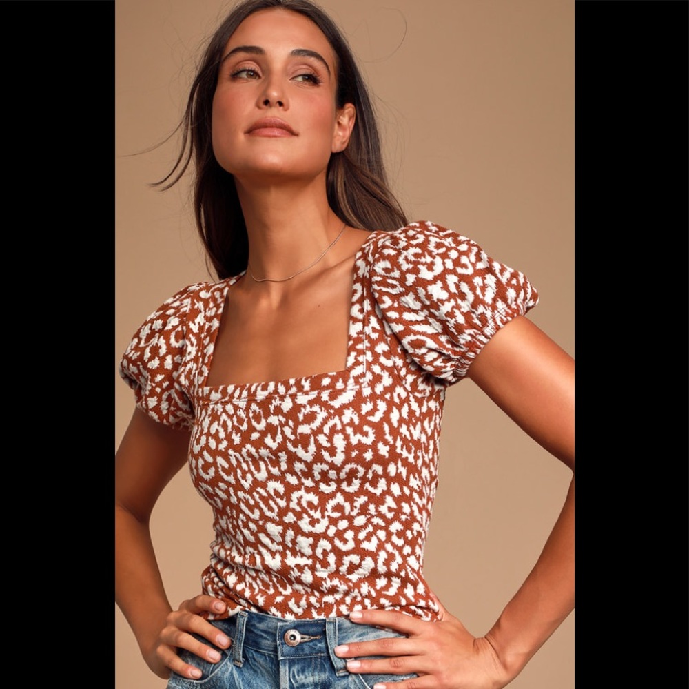 Free People Rust and White Leopard Print Square Neck Puff Sleeve Tee